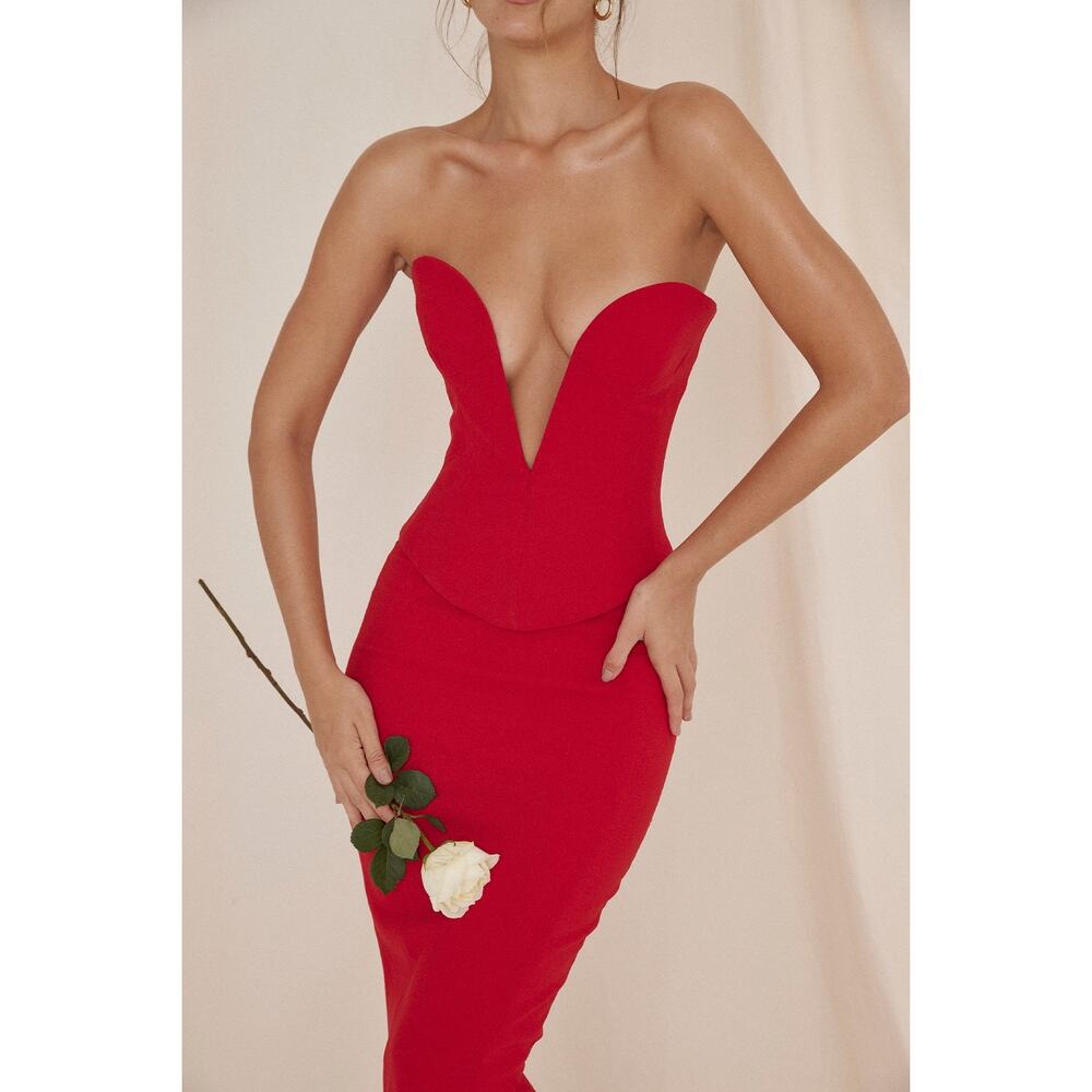 House of CB Strapless Plunge Red Midi Dress